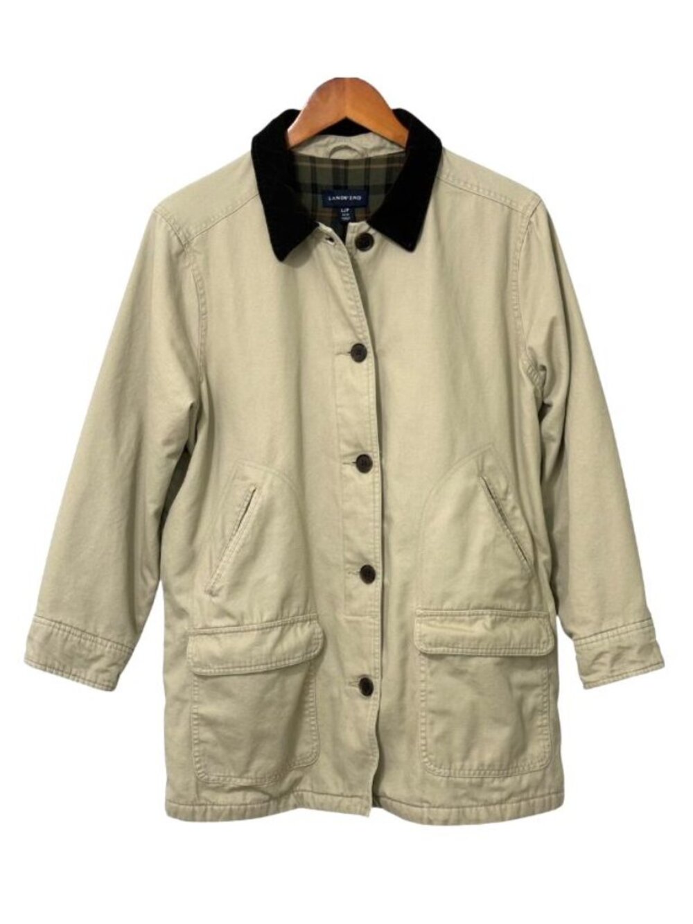 Lands End Womens Barn Chore Jacket Tan Plaid Flannel Lined 100% Cotton Size PL - Picture 2 of 13